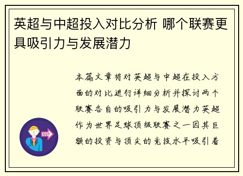 英超与中超投入对比分析 哪个联赛更具吸引力与发展潜力